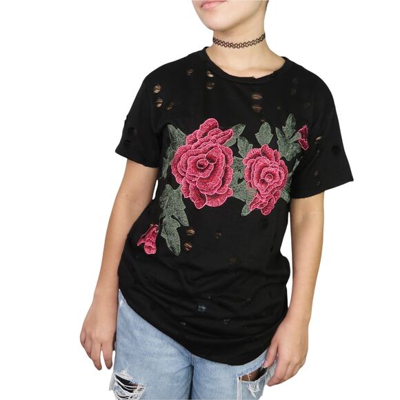 Urban Outfitters Black Embroidered Floral Rose Edgy Ripped Top Small - Picture 1 of 6